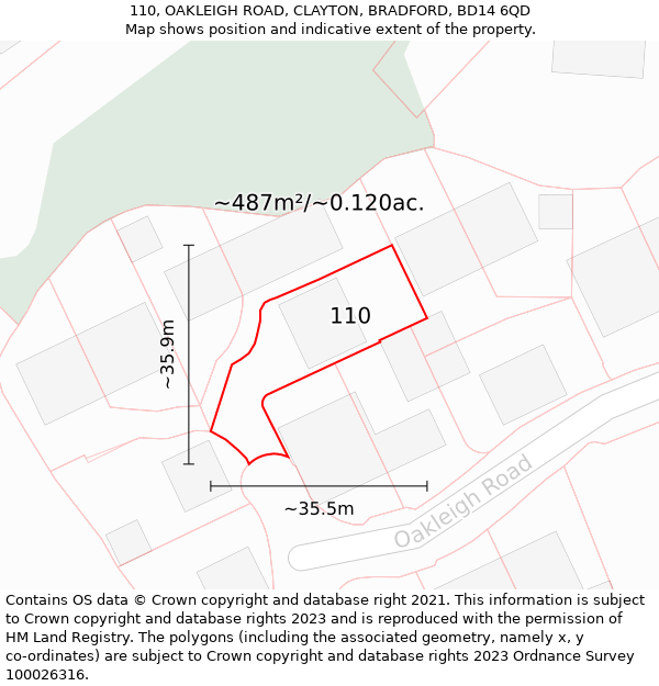 110, OAKLEIGH ROAD, CLAYTON, BRADFORD, BD14 6QD: Plot and title map