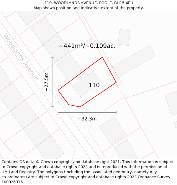 110, WOODLANDS AVENUE, POOLE, BH15 4EH: Plot and title map