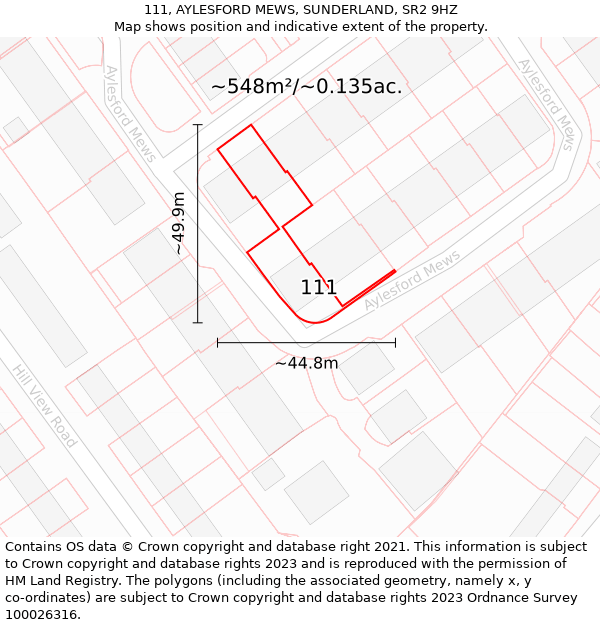 111, AYLESFORD MEWS, SUNDERLAND, SR2 9HZ: Plot and title map