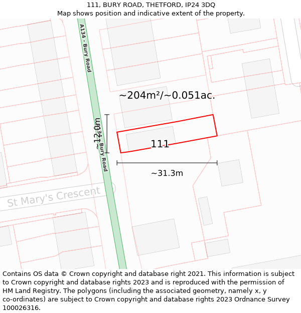 111, BURY ROAD, THETFORD, IP24 3DQ: Plot and title map