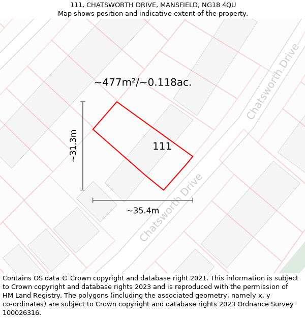 111, CHATSWORTH DRIVE, MANSFIELD, NG18 4QU: Plot and title map