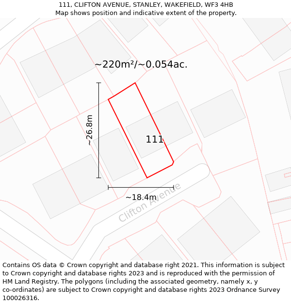 111, CLIFTON AVENUE, STANLEY, WAKEFIELD, WF3 4HB: Plot and title map