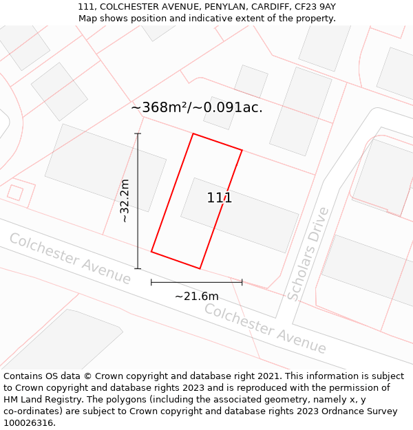 111, COLCHESTER AVENUE, PENYLAN, CARDIFF, CF23 9AY: Plot and title map
