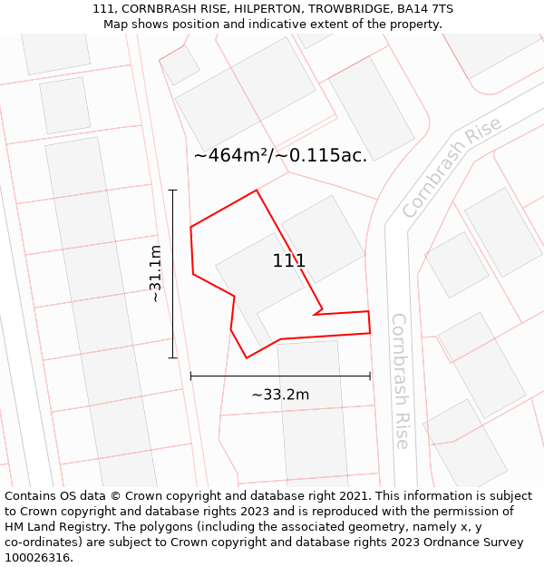 111, CORNBRASH RISE, HILPERTON, TROWBRIDGE, BA14 7TS: Plot and title map