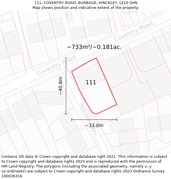 111, COVENTRY ROAD, BURBAGE, HINCKLEY, LE10 2HN: Plot and title map