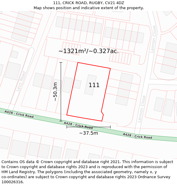 111, CRICK ROAD, RUGBY, CV21 4DZ: Plot and title map