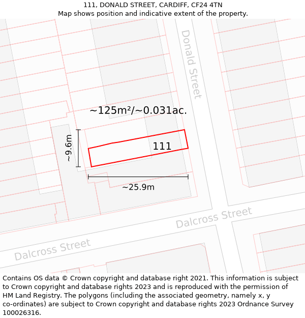 111, DONALD STREET, CARDIFF, CF24 4TN: Plot and title map
