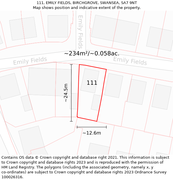 111, EMILY FIELDS, BIRCHGROVE, SWANSEA, SA7 9NT: Plot and title map