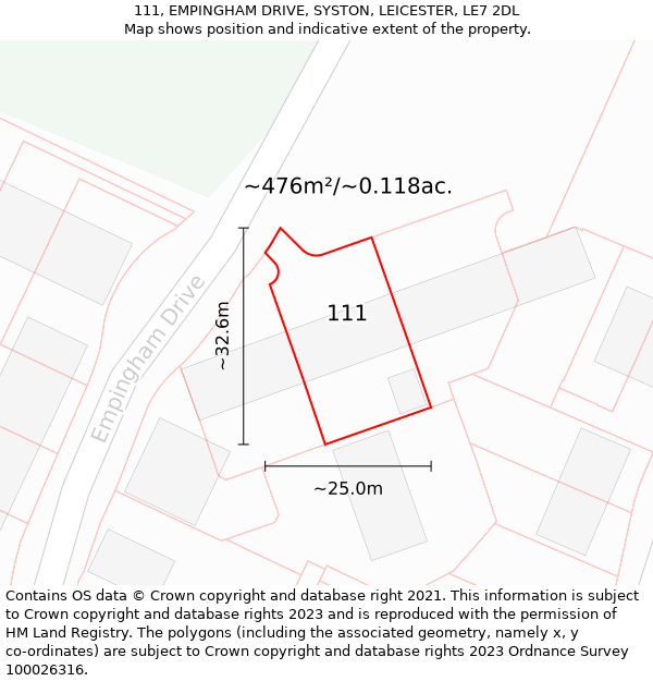 111, EMPINGHAM DRIVE, SYSTON, LEICESTER, LE7 2DL: Plot and title map