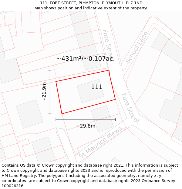 111, FORE STREET, PLYMPTON, PLYMOUTH, PL7 1ND: Plot and title map