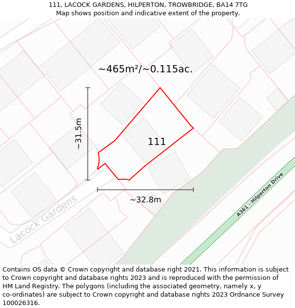 111, LACOCK GARDENS, HILPERTON, TROWBRIDGE, BA14 7TG: Plot and title map