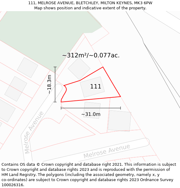 111, MELROSE AVENUE, BLETCHLEY, MILTON KEYNES, MK3 6PW: Plot and title map