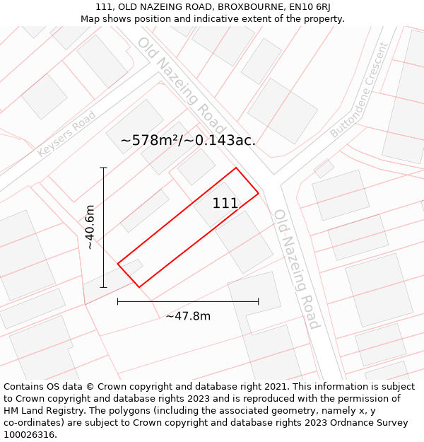 111, OLD NAZEING ROAD, BROXBOURNE, EN10 6RJ: Plot and title map