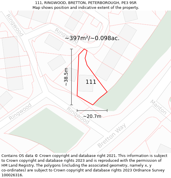 111, RINGWOOD, BRETTON, PETERBOROUGH, PE3 9SR: Plot and title map