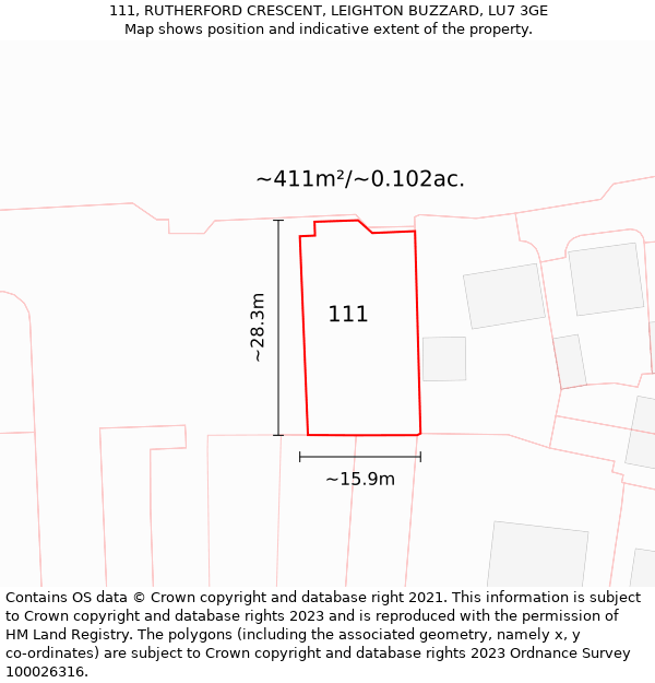 111, RUTHERFORD CRESCENT, LEIGHTON BUZZARD, LU7 3GE: Plot and title map