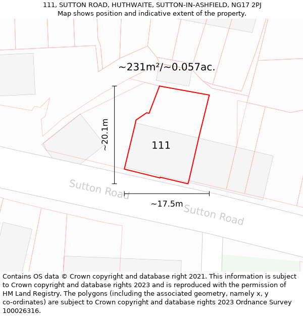 111, SUTTON ROAD, HUTHWAITE, SUTTON-IN-ASHFIELD, NG17 2PJ: Plot and title map