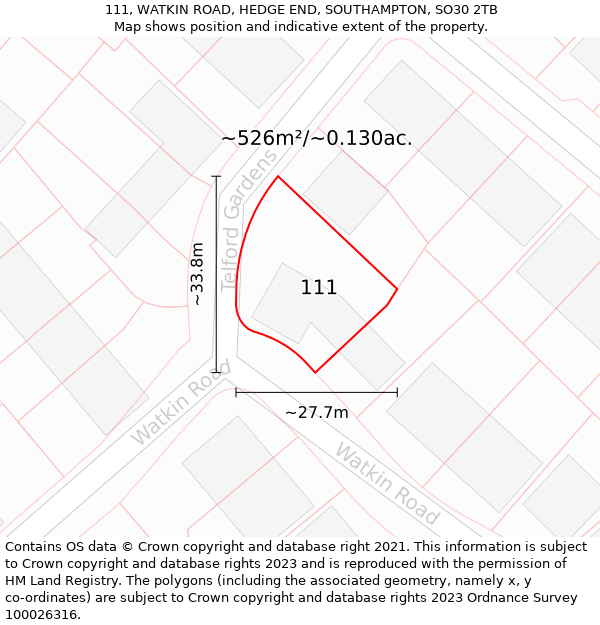 111, WATKIN ROAD, HEDGE END, SOUTHAMPTON, SO30 2TB: Plot and title map