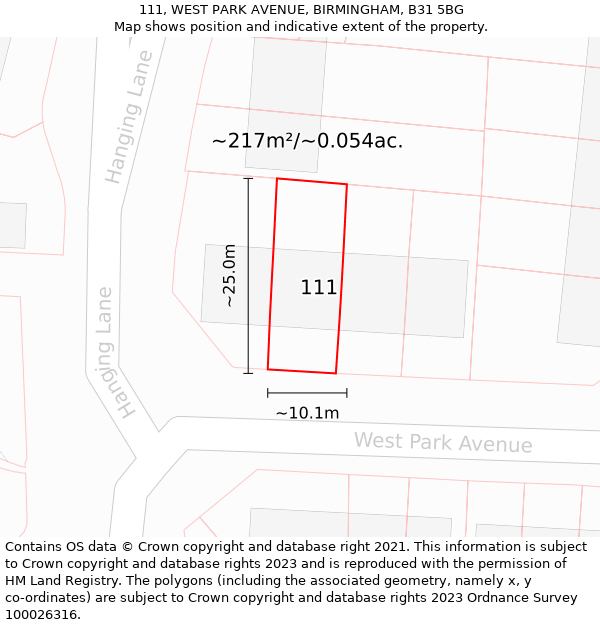 111, WEST PARK AVENUE, BIRMINGHAM, B31 5BG: Plot and title map