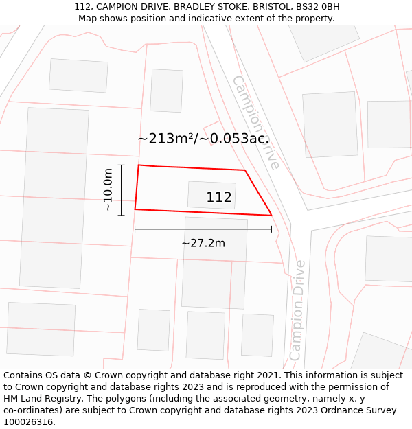 112, CAMPION DRIVE, BRADLEY STOKE, BRISTOL, BS32 0BH: Plot and title map