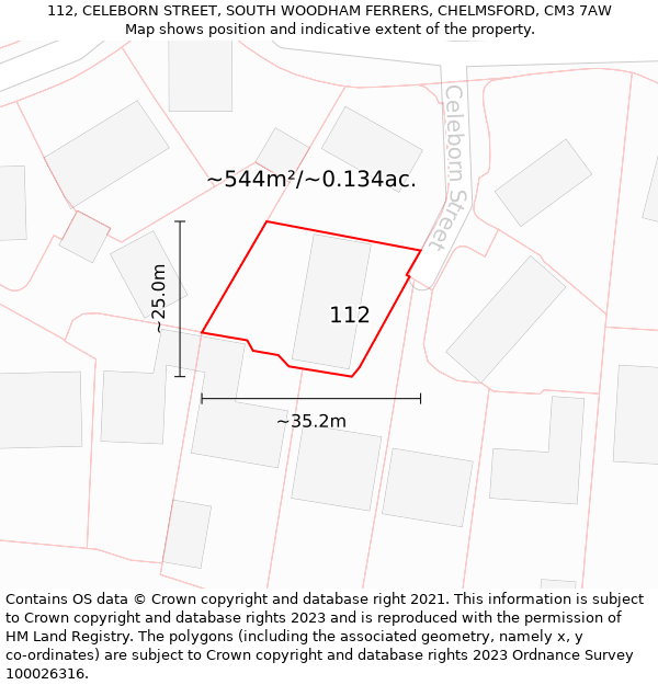 112, CELEBORN STREET, SOUTH WOODHAM FERRERS, CHELMSFORD, CM3 7AW: Plot and title map