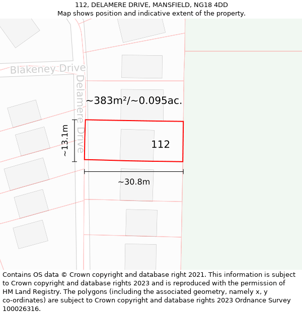 112, DELAMERE DRIVE, MANSFIELD, NG18 4DD: Plot and title map