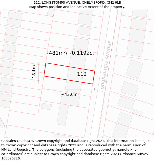 112, LONGSTOMPS AVENUE, CHELMSFORD, CM2 9LB: Plot and title map