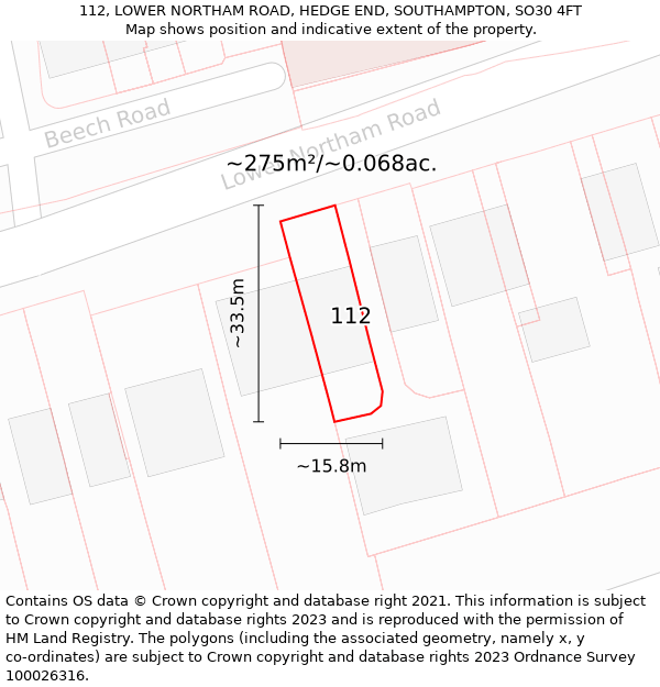 112, LOWER NORTHAM ROAD, HEDGE END, SOUTHAMPTON, SO30 4FT: Plot and title map