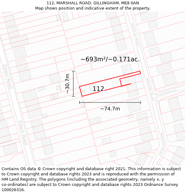 112, MARSHALL ROAD, GILLINGHAM, ME8 0AN: Plot and title map