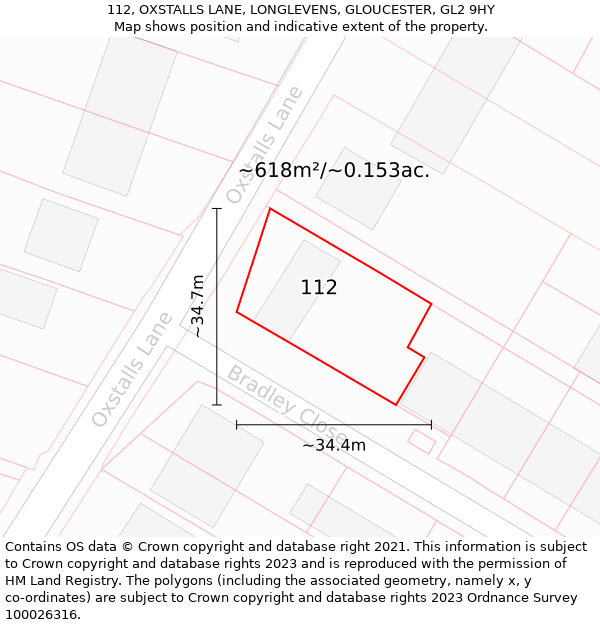 112, OXSTALLS LANE, LONGLEVENS, GLOUCESTER, GL2 9HY: Plot and title map