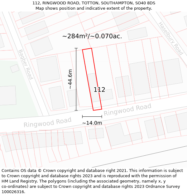 112, RINGWOOD ROAD, TOTTON, SOUTHAMPTON, SO40 8DS: Plot and title map