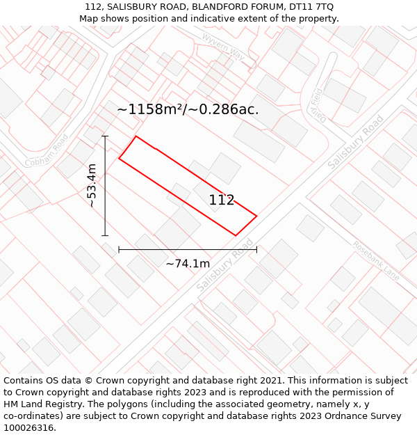 112, SALISBURY ROAD, BLANDFORD FORUM, DT11 7TQ: Plot and title map