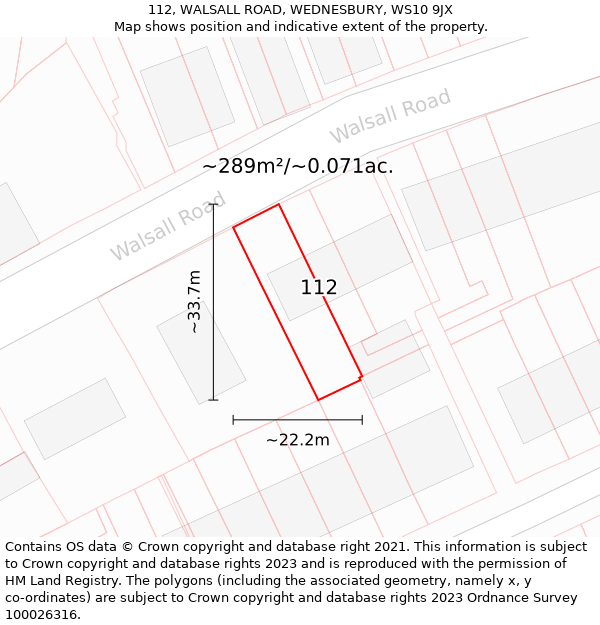 112, WALSALL ROAD, WEDNESBURY, WS10 9JX: Plot and title map