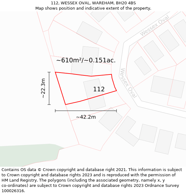 112, WESSEX OVAL, WAREHAM, BH20 4BS: Plot and title map