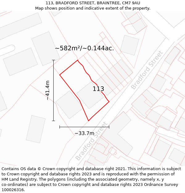 113, BRADFORD STREET, BRAINTREE, CM7 9AU: Plot and title map