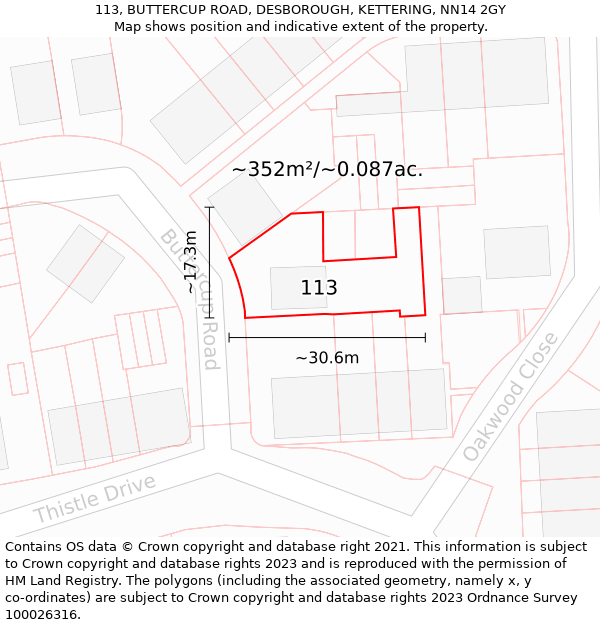 113, BUTTERCUP ROAD, DESBOROUGH, KETTERING, NN14 2GY: Plot and title map