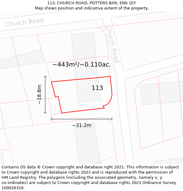 113, CHURCH ROAD, POTTERS BAR, EN6 1EY: Plot and title map
