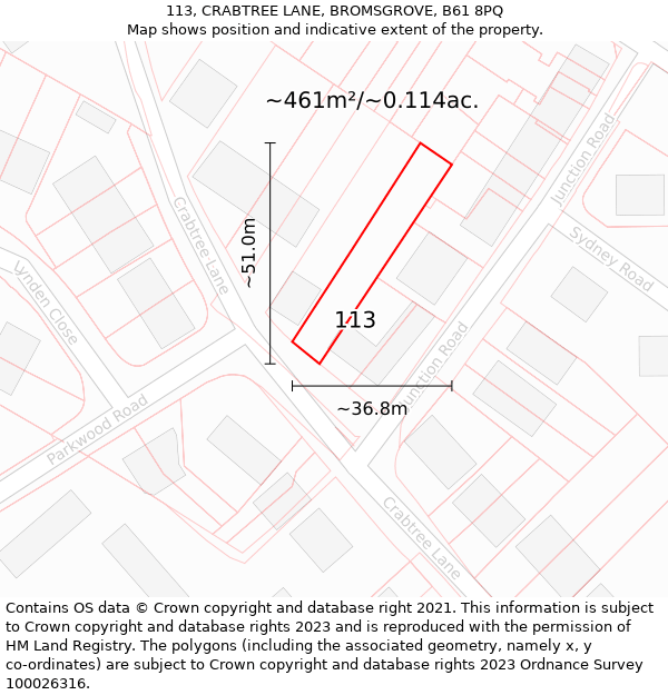 113, CRABTREE LANE, BROMSGROVE, B61 8PQ: Plot and title map