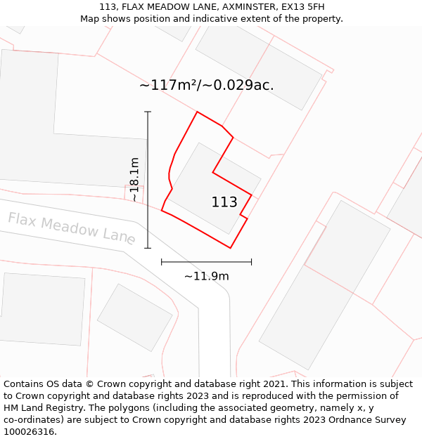 113, FLAX MEADOW LANE, AXMINSTER, EX13 5FH: Plot and title map