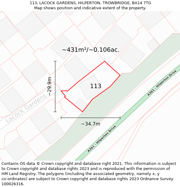 113, LACOCK GARDENS, HILPERTON, TROWBRIDGE, BA14 7TG: Plot and title map