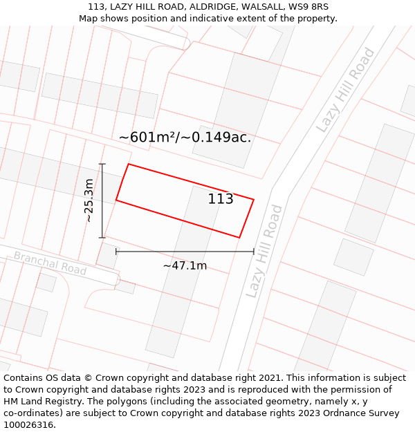 113, LAZY HILL ROAD, ALDRIDGE, WALSALL, WS9 8RS: Plot and title map