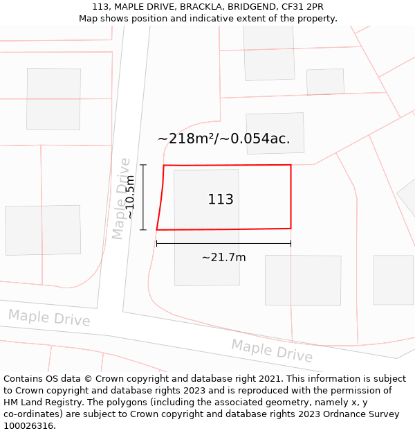 113, MAPLE DRIVE, BRACKLA, BRIDGEND, CF31 2PR: Plot and title map