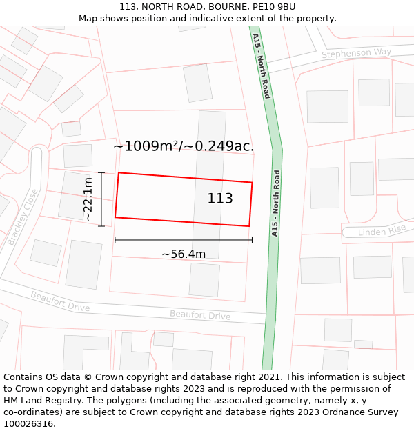 113, NORTH ROAD, BOURNE, PE10 9BU: Plot and title map