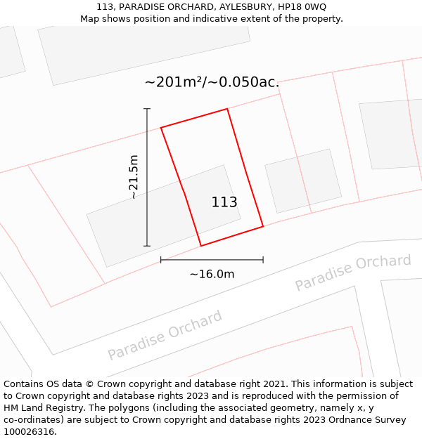 113, PARADISE ORCHARD, AYLESBURY, HP18 0WQ: Plot and title map