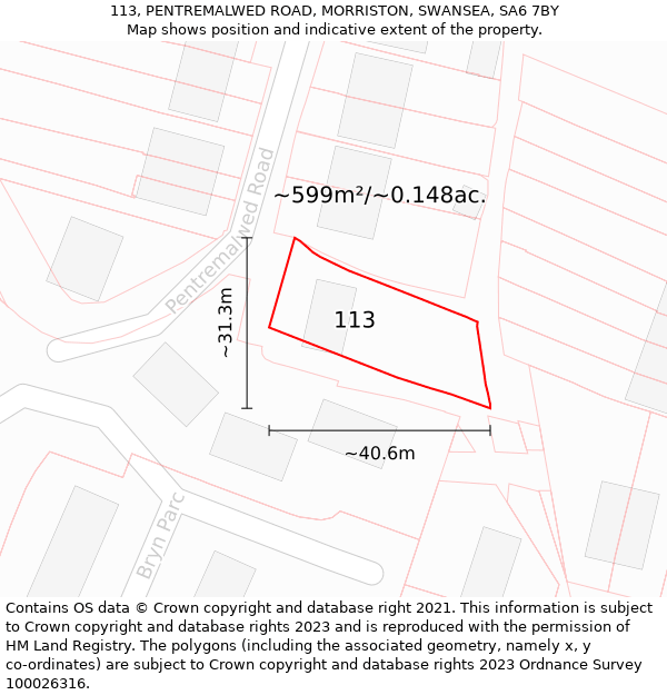 113, PENTREMALWED ROAD, MORRISTON, SWANSEA, SA6 7BY: Plot and title map