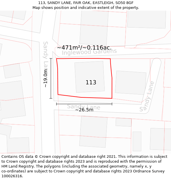 113, SANDY LANE, FAIR OAK, EASTLEIGH, SO50 8GF: Plot and title map