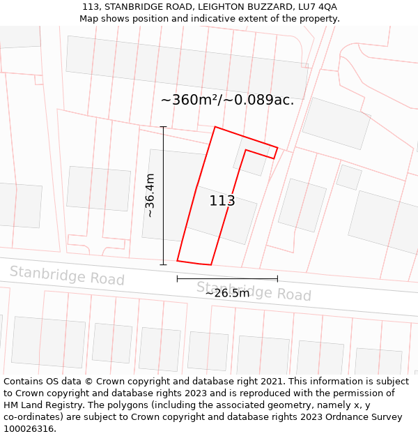 113, STANBRIDGE ROAD, LEIGHTON BUZZARD, LU7 4QA: Plot and title map