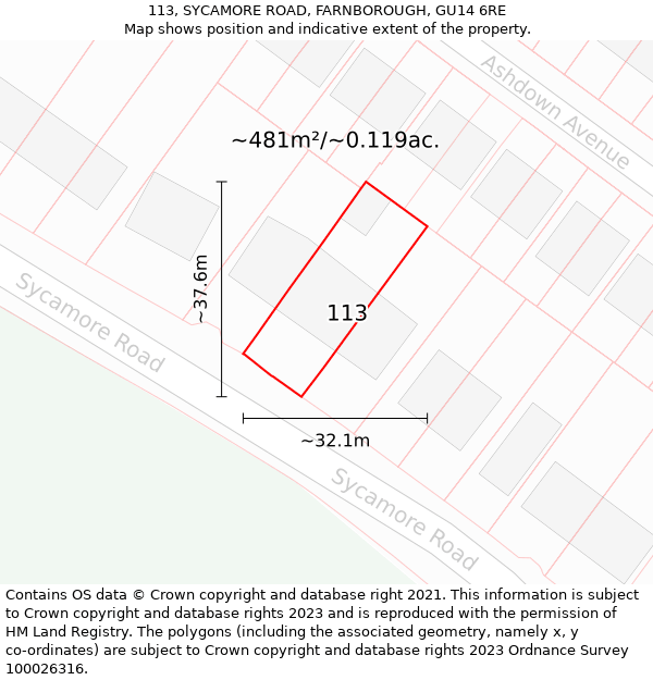 113, SYCAMORE ROAD, FARNBOROUGH, GU14 6RE: Plot and title map