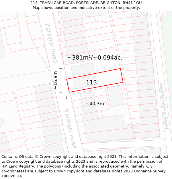 113, TRAFALGAR ROAD, PORTSLADE, BRIGHTON, BN41 1GU: Plot and title map