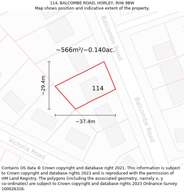 114, BALCOMBE ROAD, HORLEY, RH6 9BW: Plot and title map