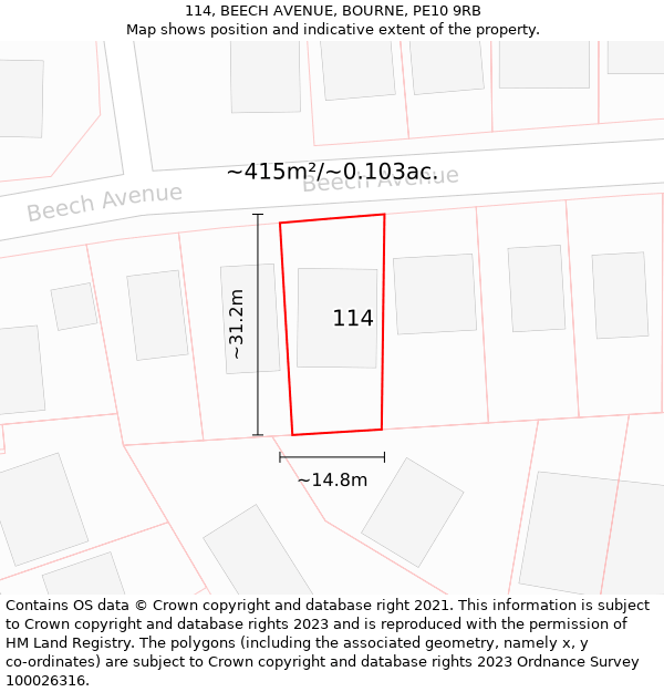 114, BEECH AVENUE, BOURNE, PE10 9RB: Plot and title map